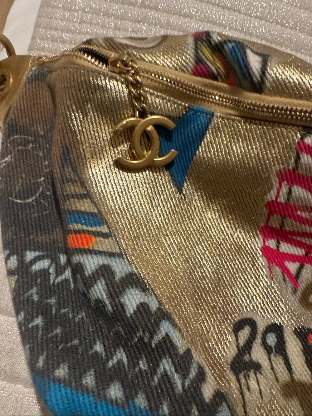 CHANEL Gold Egyptian Multicolor Graffiti-Print Chain Shoulder Bag